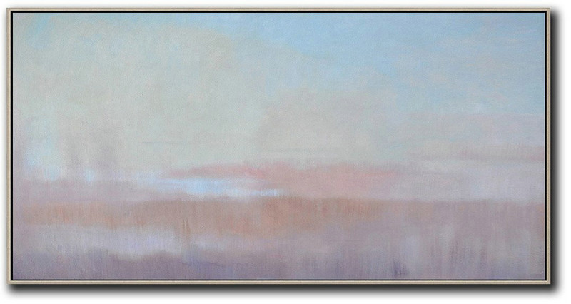 Extra Large Painting,Panoramic Abstract Landscape Painting,Acrylic Painting Large Wall Art Sky Blue,Light Yellow,Pink